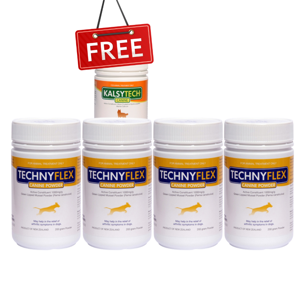 ☆SPECIAL☆ FOUR PACK Technyflex® Canine 200g Powder tub + 1 FREE Kalsytech® Canine Calcium supplement 175g Powder Tub