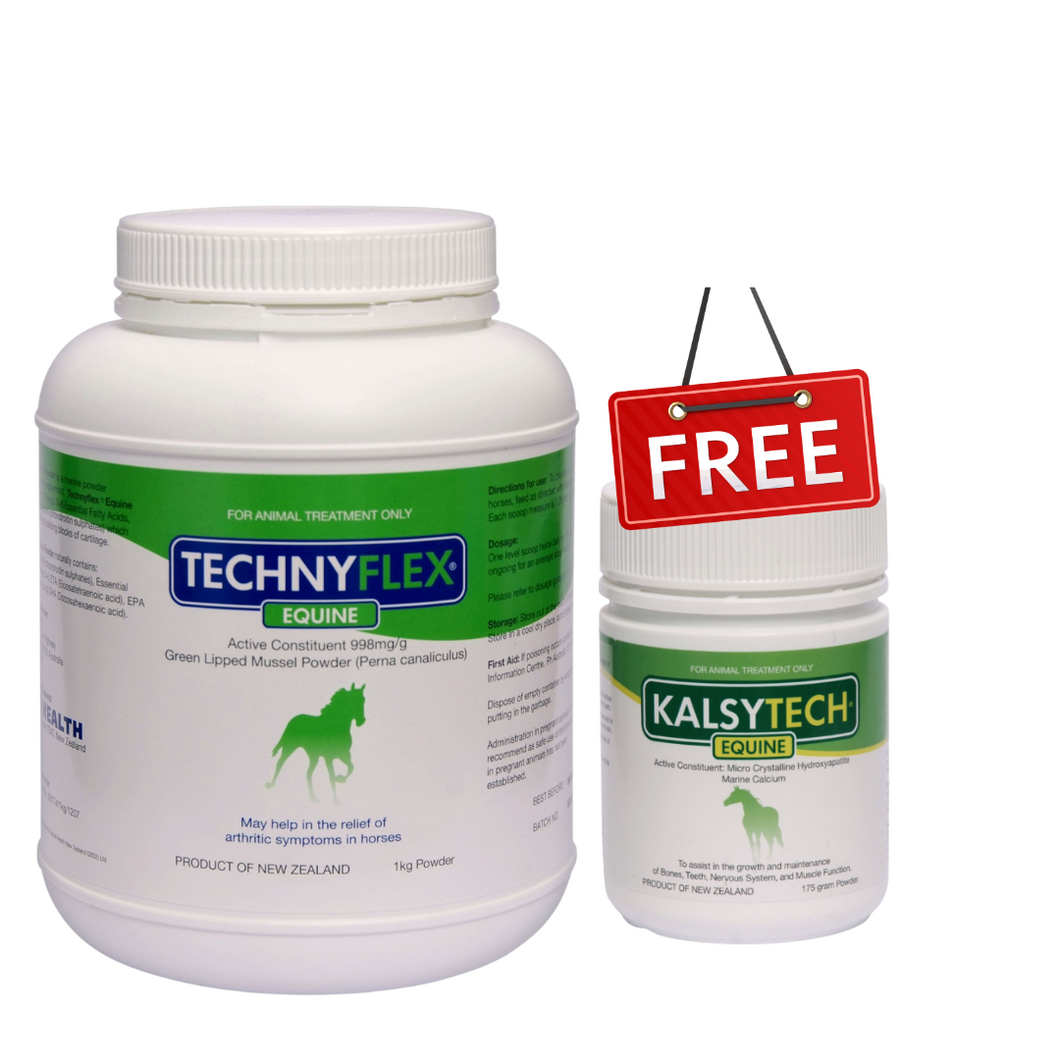 ☆SPECIAL☆ Super SINGLE Technyflex® Equine 1kg Powder + 1 FREE Kalsytech® Equine Calcium Supplement 175g powder tub