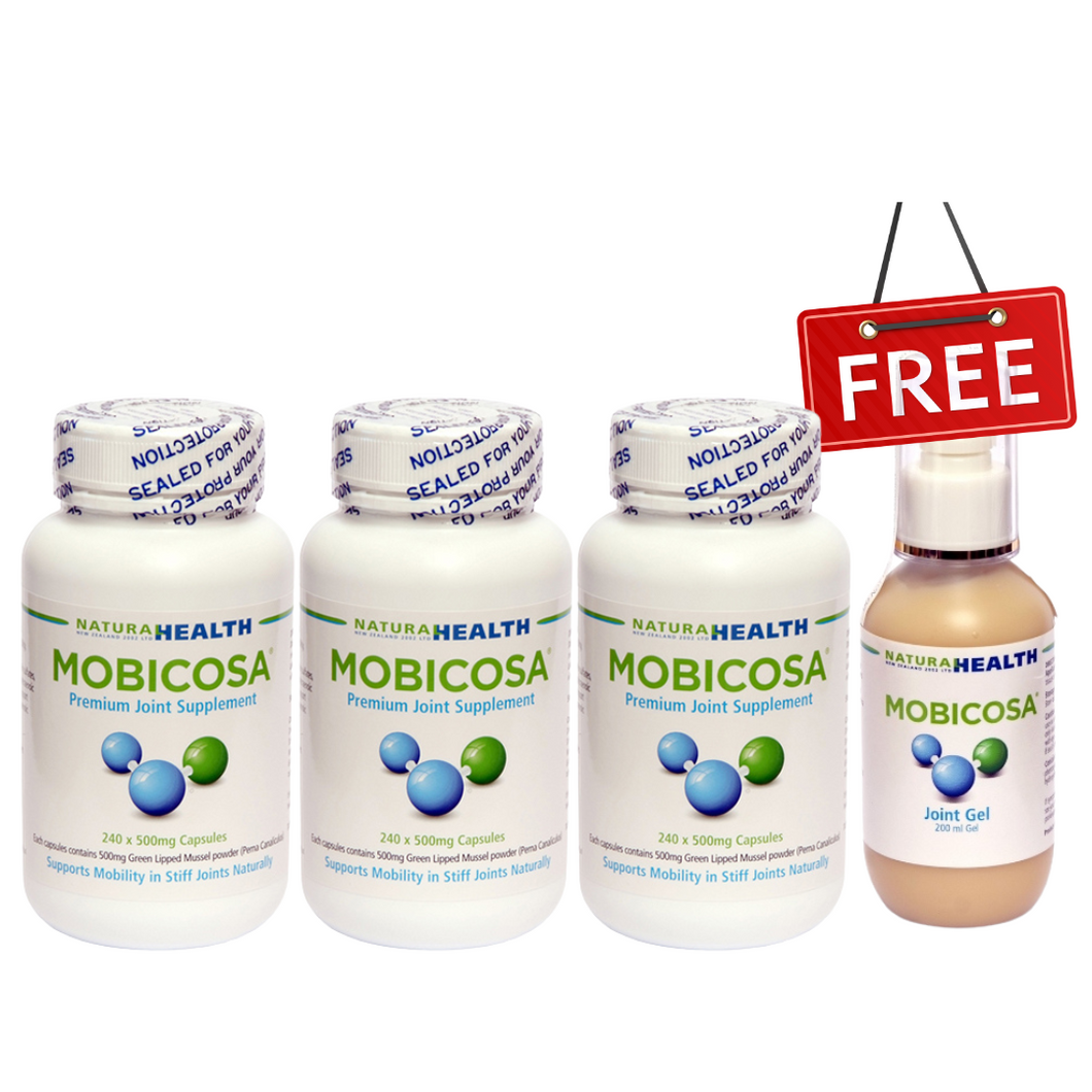 ☆SPECIAL☆ TRIPLE PACK Mobicosa® Premium Joint Supplement 240 x 500mg Capsules + 1 FREE Mobicosa® Topical Joint Gel 200ml