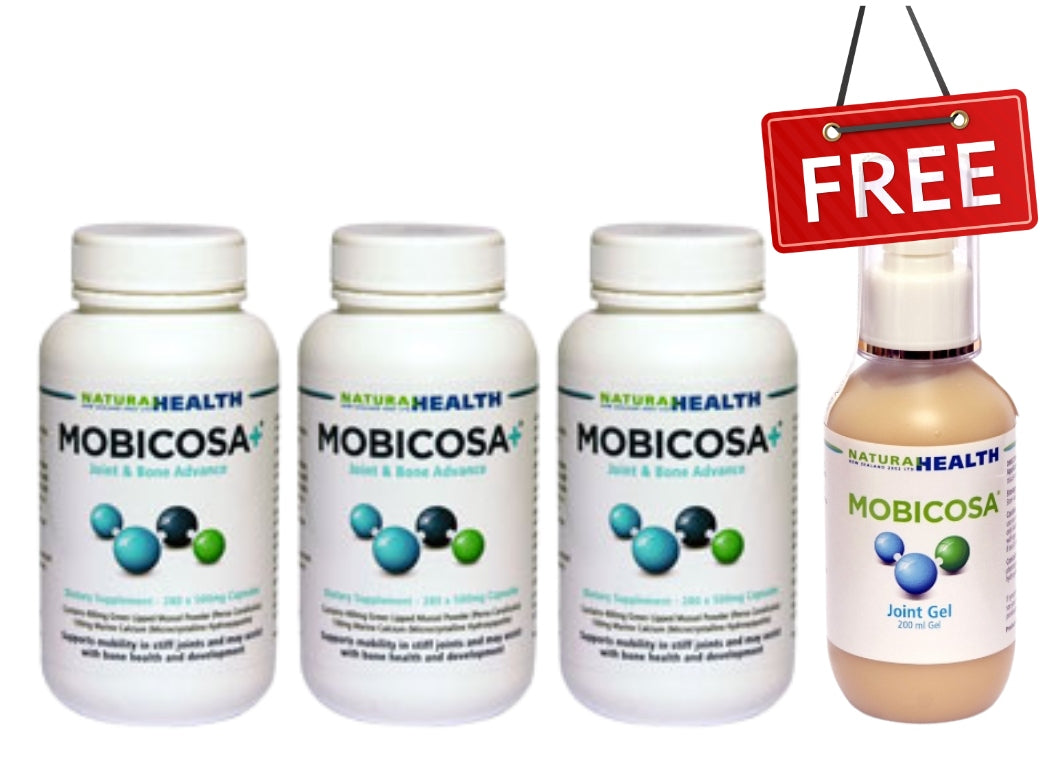 ☆SPECIAL☆ TRIPLE PACK Mobicosa+® Joint & Bone Advance Supplement 280 x 500mg Capsules + 1 FREE Mobicosa® Topical Joint Gel 200ml