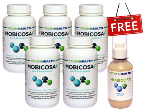 ☆SPECIAL☆ FIVE PACK Mobicosa+® Joint & Bone Advance Supplement 280 x 500mg Capsules + 1 FREE Mobicosa® Topical Joint Gel 200ml