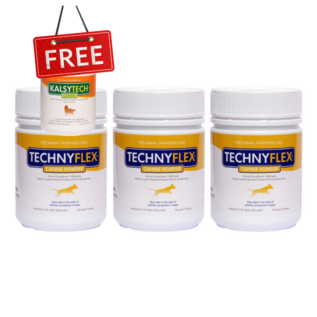 ☆SPECIAL☆ TRIPLE PACK Technyflex® Canine 100g Powder tub + 1 FREE Kalsytech® Canine Calcium supplement 175g Powder Tub
