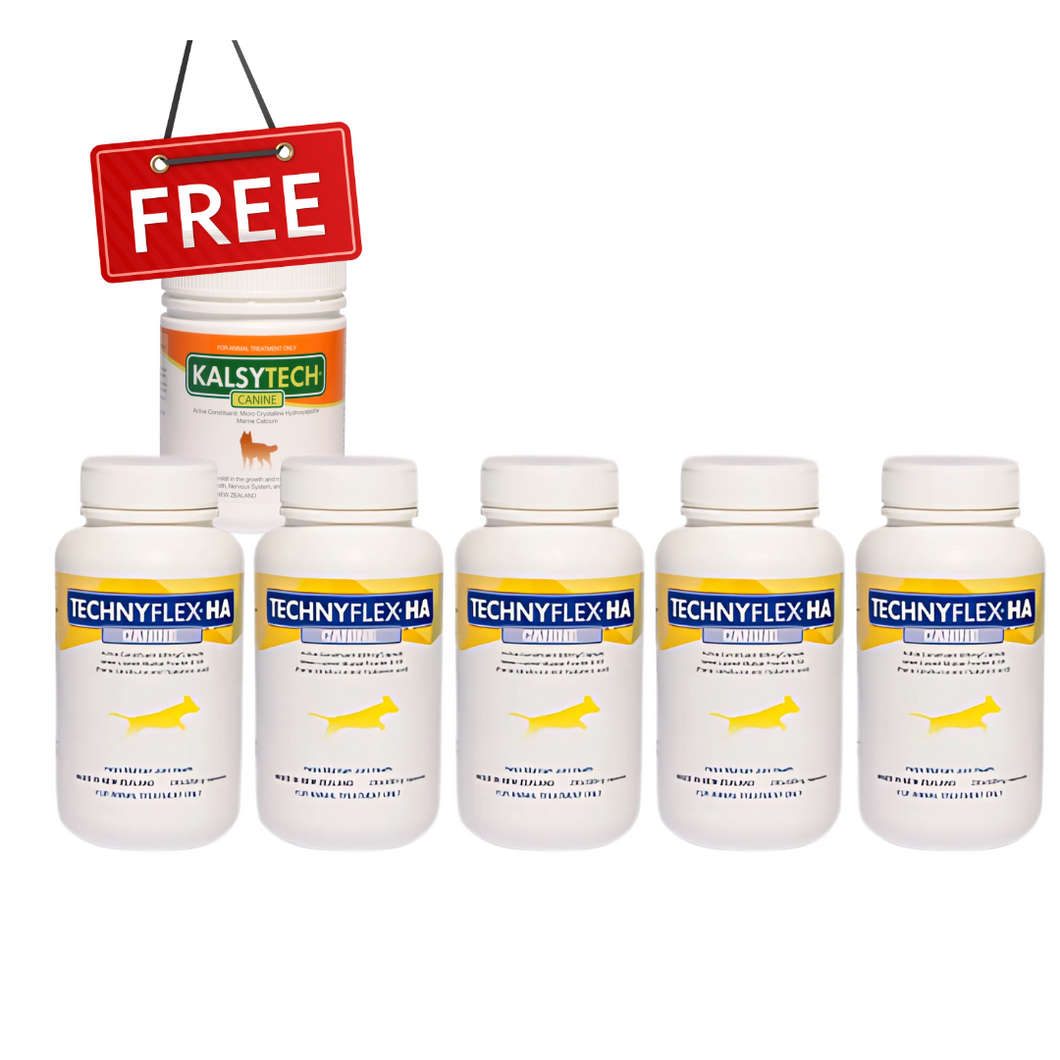 ☆SPECIAL☆ FIVE PACK Technyflex® HA Canine Joint Supplement 280 x 500mg Capsules + 1 FREE Kalsytech® Canine Calcium supplement 175g Powder Tub
